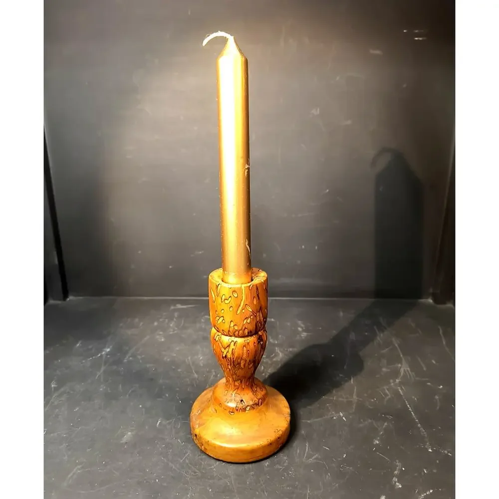 1995.  Burled Hand Turned Natural Wooden Candlestick Holder